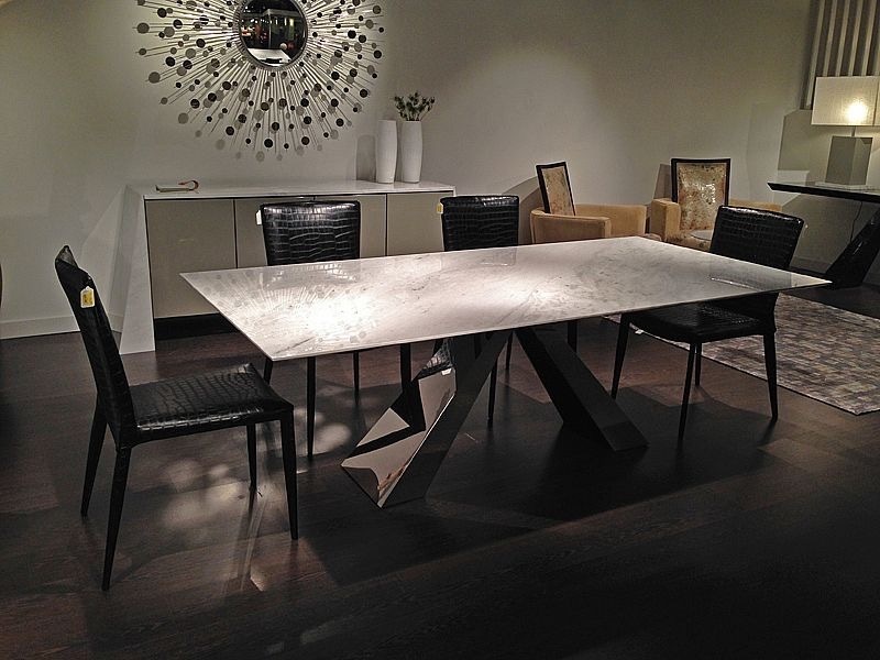 Butterfly Slim Edge Rectangular Marble Dining Table with Steel Base by Stone International 1