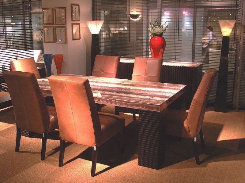 Espresso Rectangular Large Marble Dining Table with Wenge Wood Base by Stone International 1