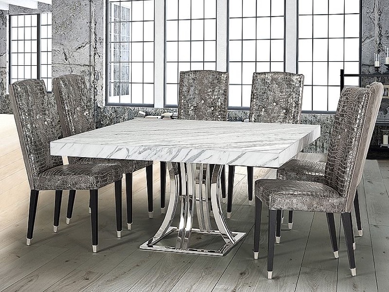 Aurora Square Marble Dining Table with Polished Steel Base by Stone International