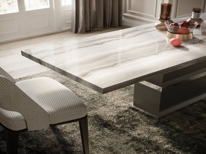 Saturn Light Rectangular Marble Dining Table with Steel Base by Stone International 1